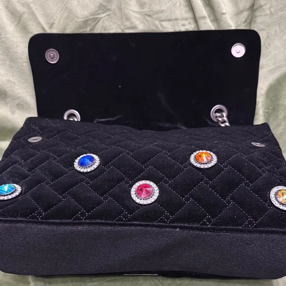 Black Quilted Handbag with Multicolor Gem Accents - Picture 4 of 12